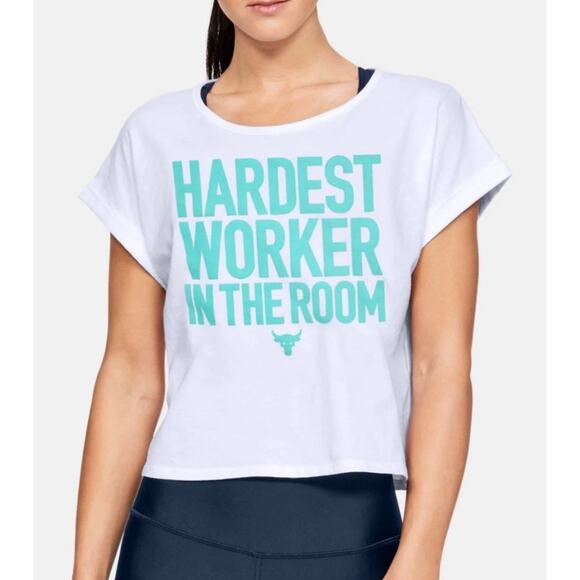 Women’s Under Armour White Crop Tee Hardest Worker Teal Size Medium - Picture 1 of 5